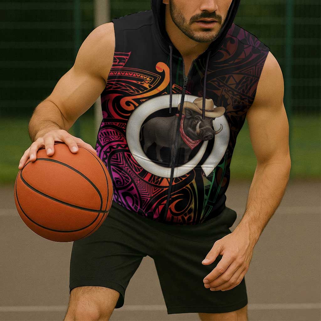 Vanuatu Boar Cowboy Sleeveless Zip Hoodie Tusk Gradient Polynesian Pattern - Polynesian Pride