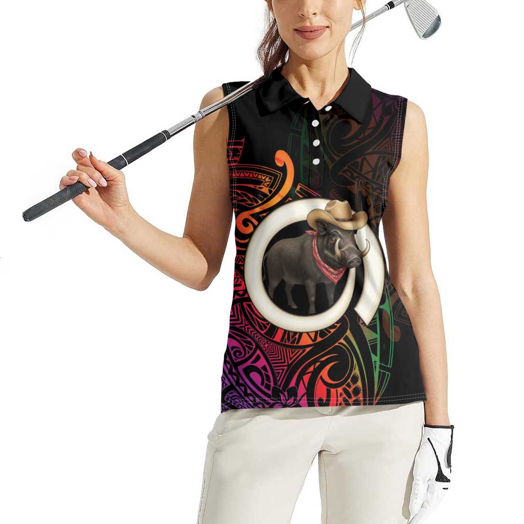 Vanuatu Boar Cowboy Women Sleeveless Polo Shirt Tusk Gradient Polynesian Pattern - Polynesian Pride