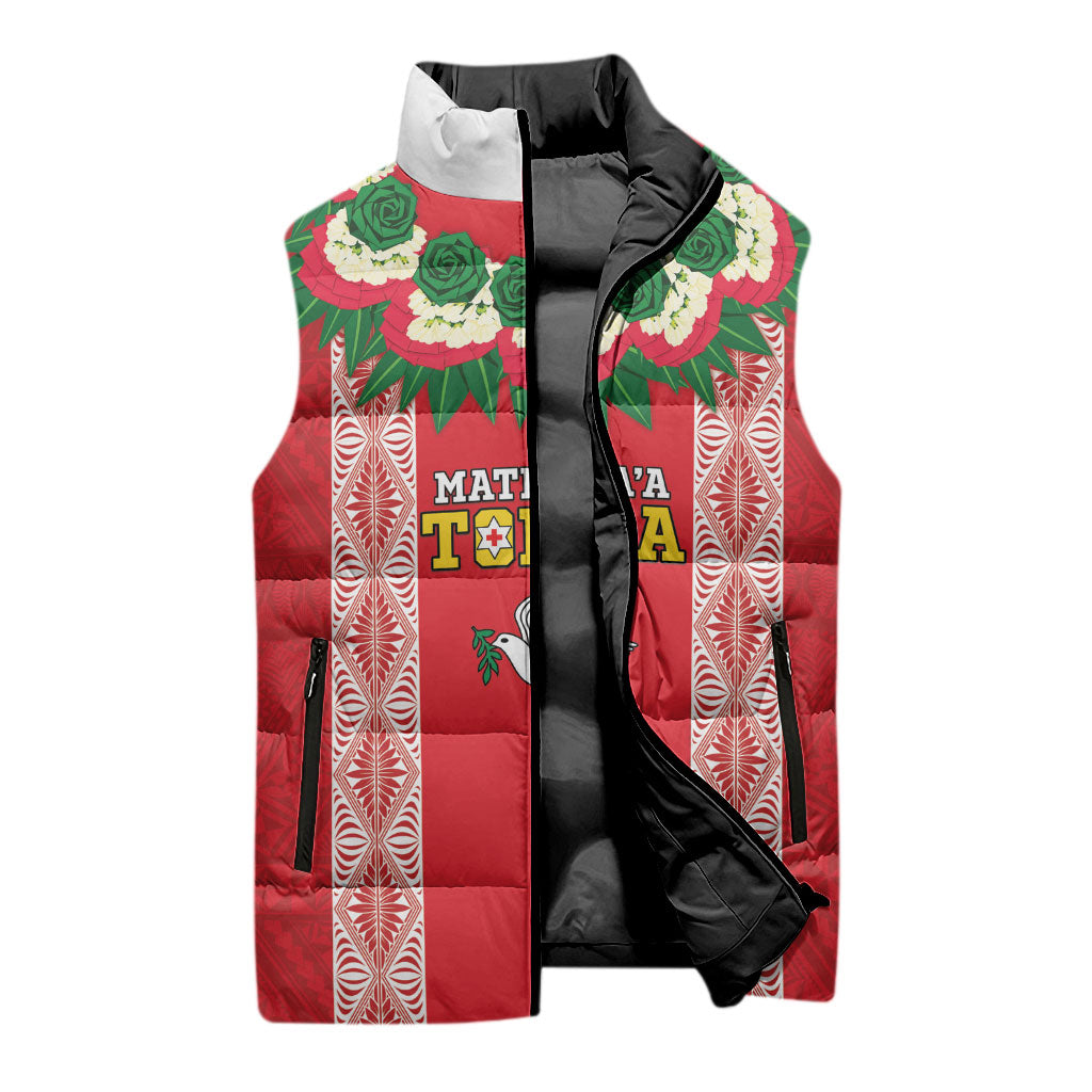 Mate Ma'a Tonga Rugby Custom Sleeveless Puffer Jacket Tongan Kahoa Lei Ngatu Pattern Red LT14 - Polynesian Pride