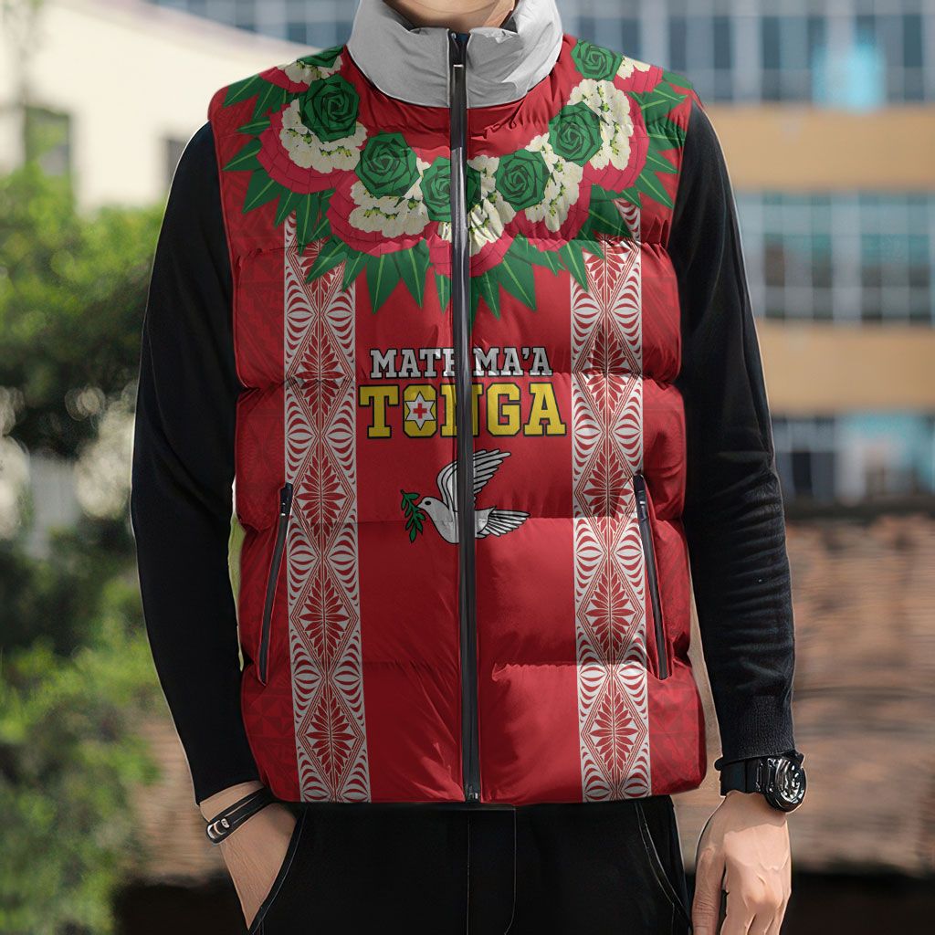 Mate Ma'a Tonga Rugby Custom Sleeveless Puffer Jacket Tongan Kahoa Lei Ngatu Pattern Red LT14 - Polynesian Pride