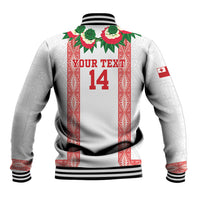Mate Ma'a Tonga Rugby Custom Baseball Jacket Tongan Kahoa Lei Ngatu Pattern White LT14 - Polynesian Pride
