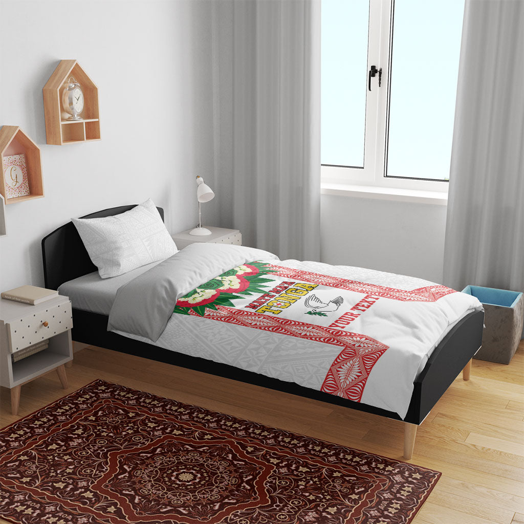 Mate Ma'a Tonga Rugby Custom Bedding Set Tongan Kahoa Lei Ngatu Pattern White