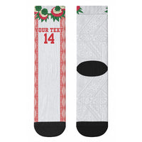 Mate Ma'a Tonga Rugby Custom Crew Socks Tongan Kahoa Lei Ngatu Pattern White LT14 - Polynesian Pride