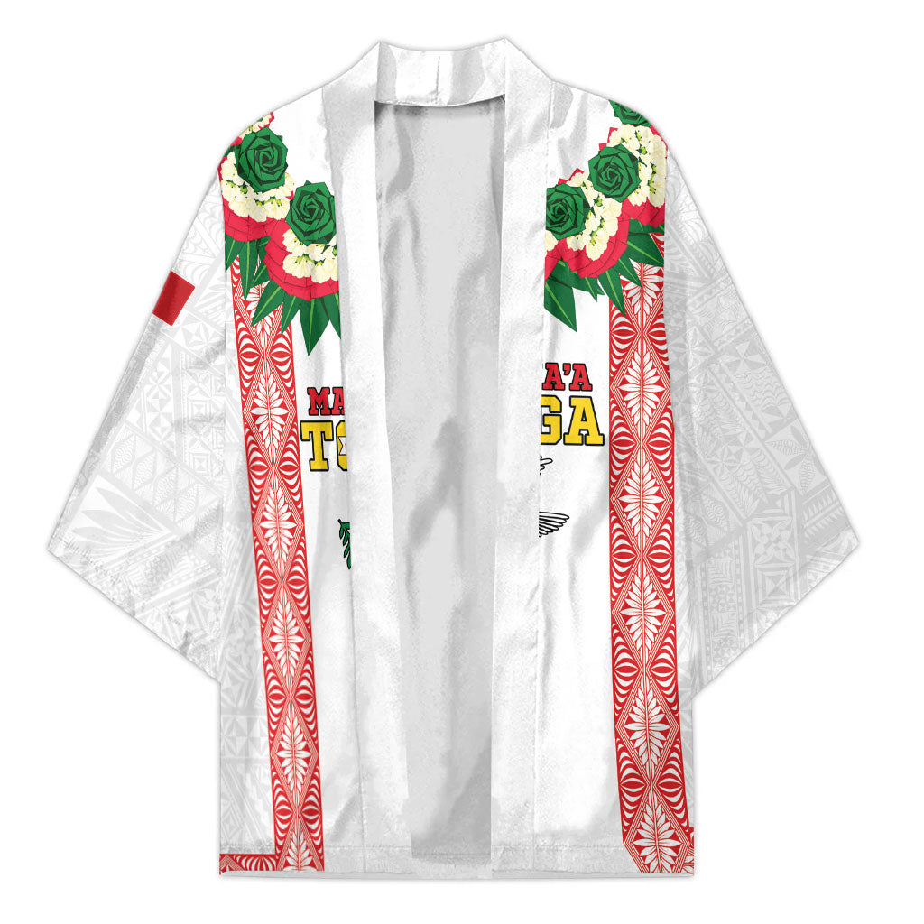 Mate Ma'a Tonga Rugby Custom Kimono Tongan Kahoa Lei Ngatu Pattern White LT14 Unisex White - Polynesian Pride