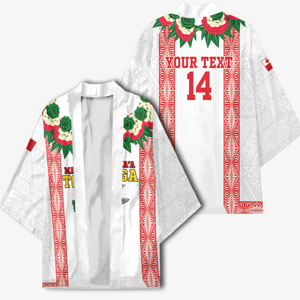Mate Ma'a Tonga Rugby Custom Kimono Tongan Kahoa Lei Ngatu Pattern White LT14 - Polynesian Pride