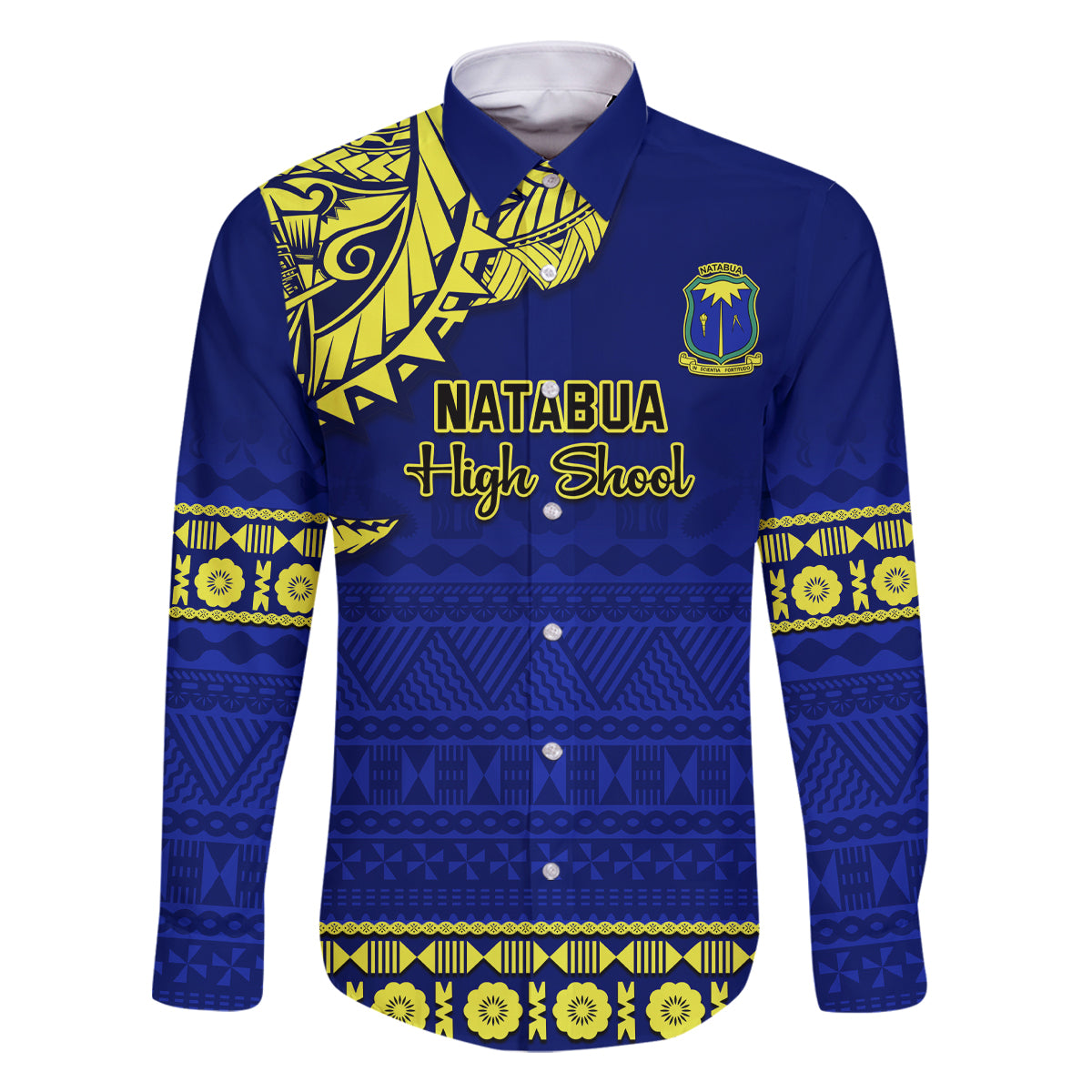 Personalised Fiji Natabua High School Family Matching Mermaid Dress and Hawaiian Shirt Fijian Tapa Pattern LT14 Dad's Shirt - Long Sleeve Blue - Polynesian Pride
