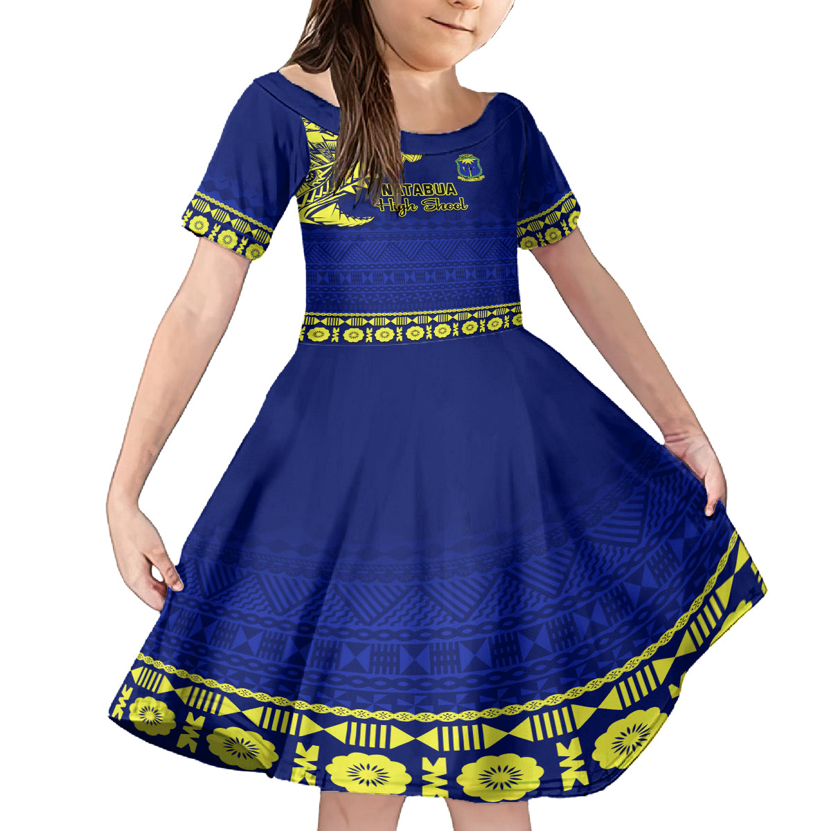 Personalised Fiji Natabua High School Family Matching Tank Maxi Dress and Hawaiian Shirt Fijian Tapa Pattern LT14 Daughter's Dress Blue - Polynesian Pride