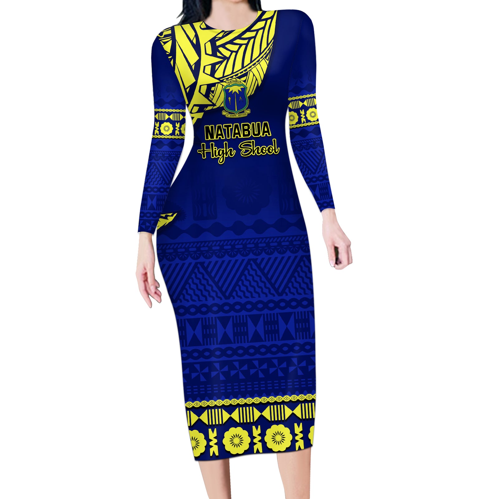 Personalised Fiji Natabua High School Long Sleeve Bodycon Dress Fijian Tapa Pattern LT14 Long Dress Blue - Polynesian Pride