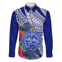 Personalised Samoana High School Family Matching Off Shoulder Maxi Dress and Hawaiian Shirt American Samoa Schools Polynesian Tropical Flowers LT14 Dad's Shirt - Long Sleeve Blue - Polynesian Pride