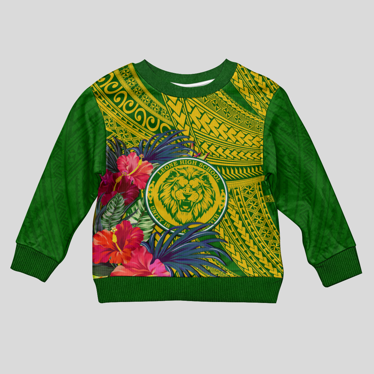Personalised Leone High School Kid Ugly Christmas Sweater American Samoa Schools Polynesian Tropical Flowers LT14 Kid Green - Polynesian Pride