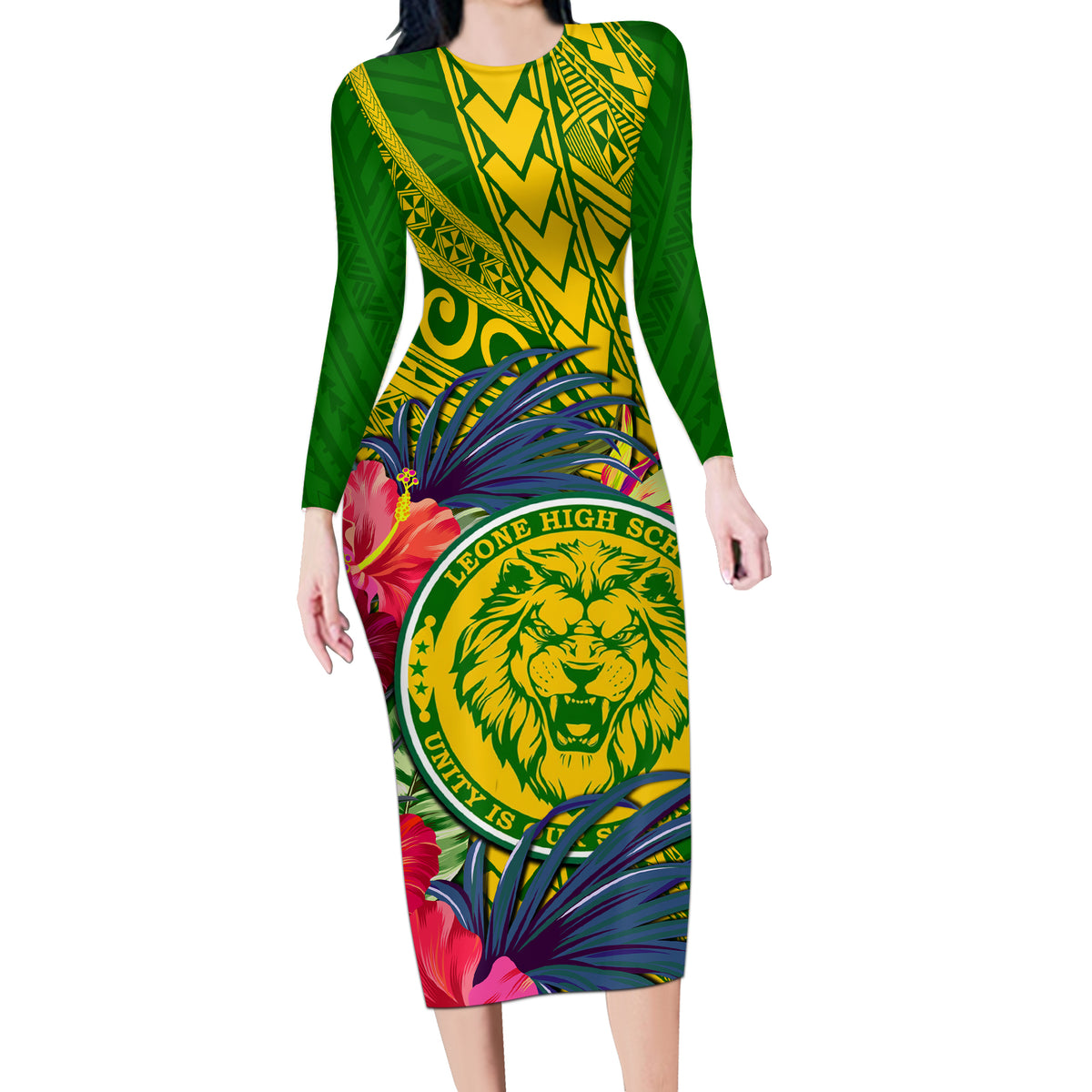 Personalised Leone High School Long Sleeve Bodycon Dress American Samoa Schools Polynesian Tropical Flowers LT14 Long Dress Green - Polynesian Pride