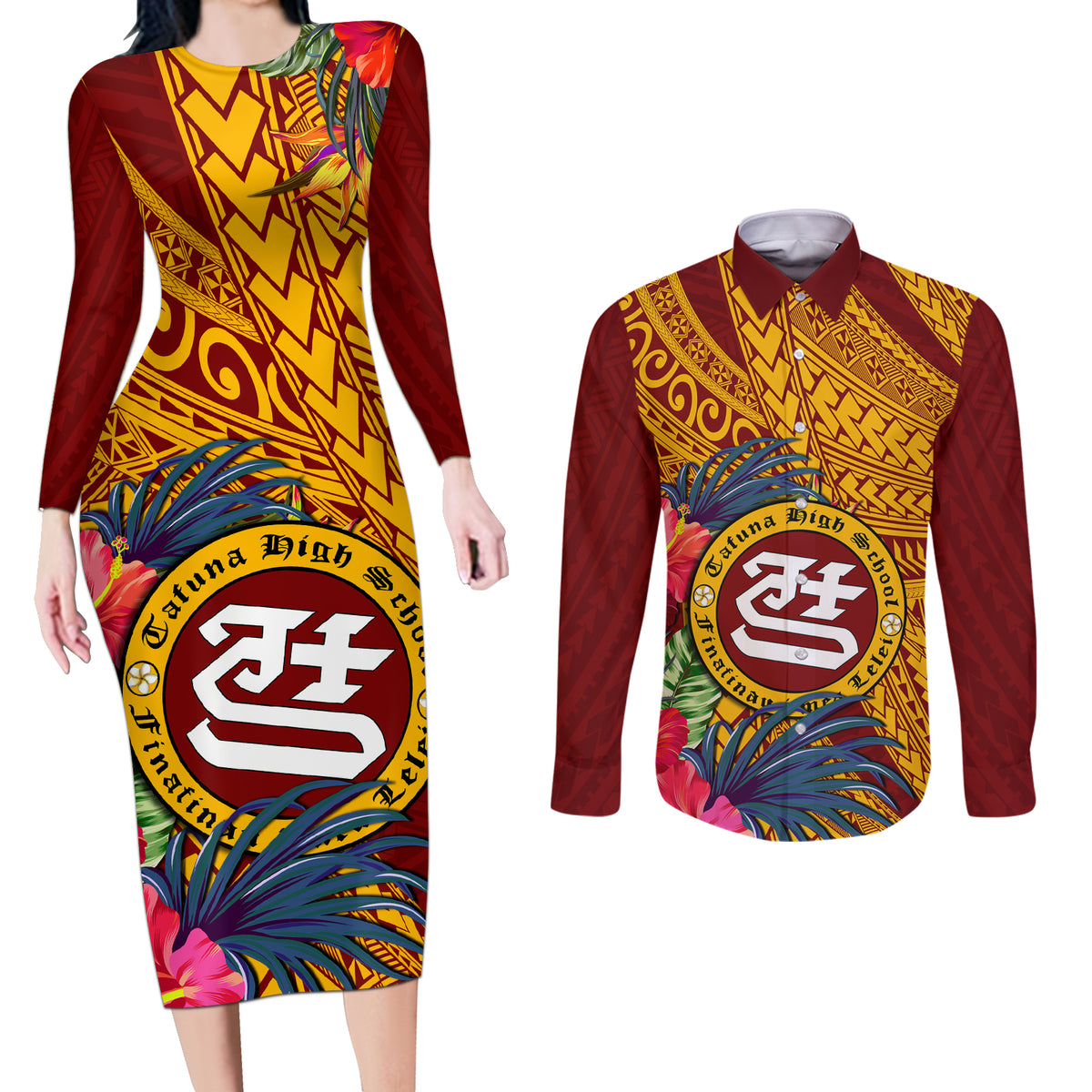 Personalised Tafuna High School Couples Matching Long Sleeve Bodycon Dress and Long Sleeve Button Shirt American Samoa Schools Polynesian Tropical Flowers LT14 Maroon - Polynesian Pride