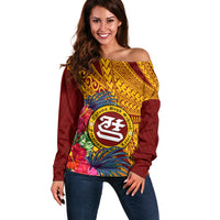 Personalised Tafuna High School Off Shoulder Sweater American Samoa Schools Polynesian Tropical Flowers LT14 Women Maroon - Polynesian Pride