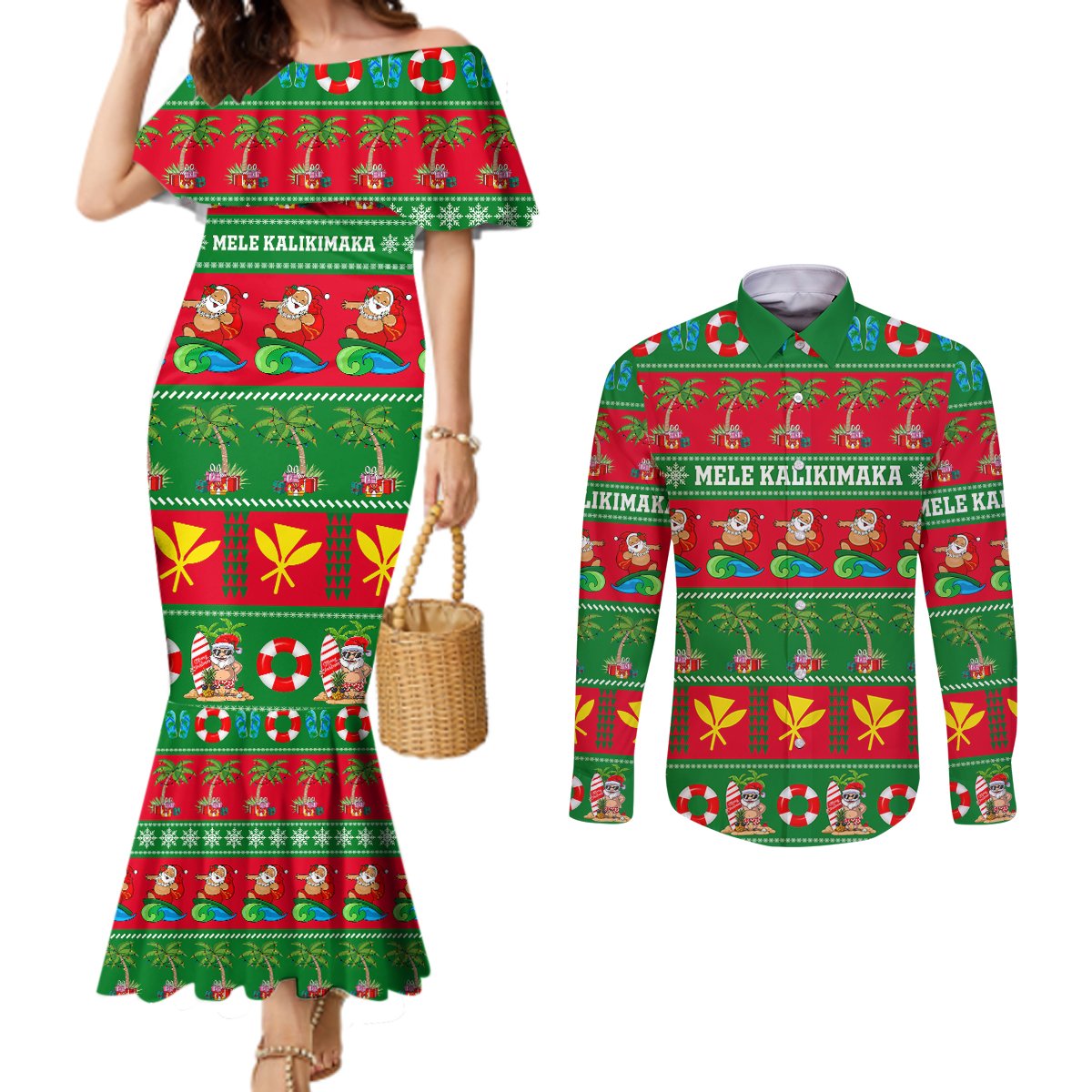 Personalised Hawaii Christmas Couples Matching Mermaid Dress and Long Sleeve Button Shirt Mele Kalikimaka LT14 Green - Polynesian Pride