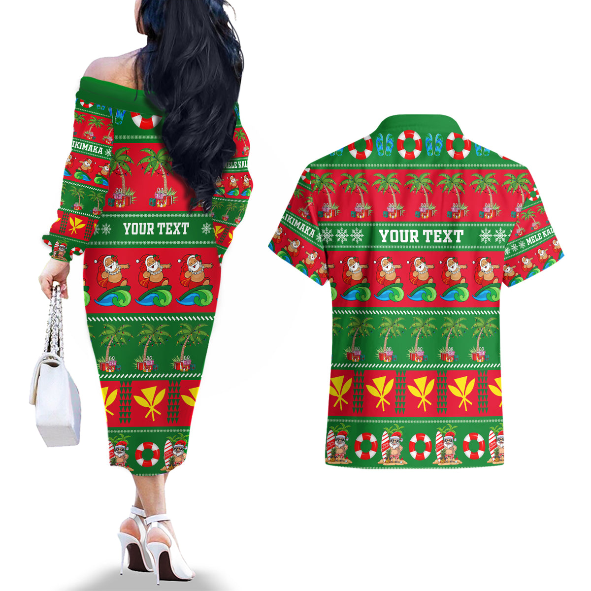 Personalised Hawaii Christmas Couples Matching Off The Shoulder Long Sleeve Dress and Hawaiian Shirt Mele Kalikimaka LT14 - Polynesian Pride