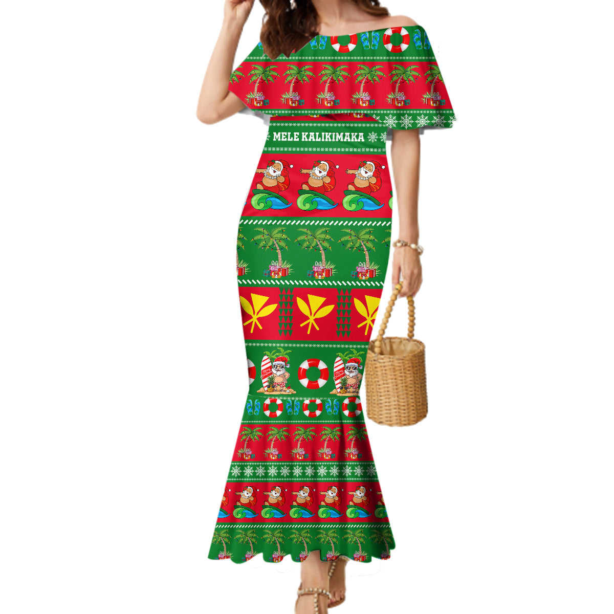 Personalised Hawaii Christmas Family Matching Mermaid Dress and Hawaiian Shirt Mele Kalikimaka LT14 Mom's Dress Green - Polynesian Pride