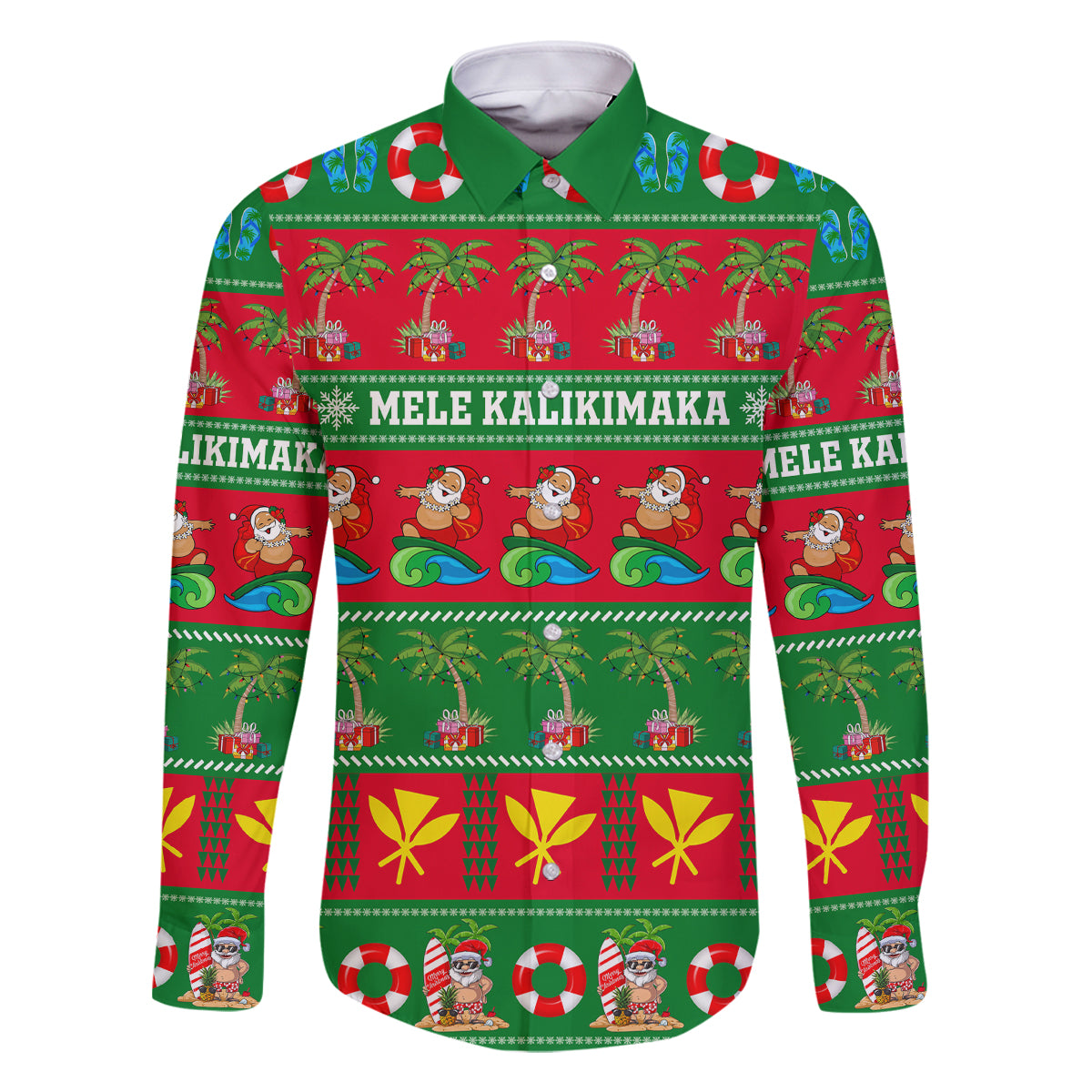 Personalised Hawaii Christmas Family Matching Off Shoulder Short Dress and Hawaiian Shirt Mele Kalikimaka LT14 Dad's Shirt - Long Sleeve Green - Polynesian Pride