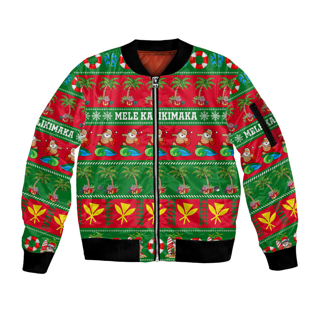 Personalised Hawaii Christmas Sleeve Zip Bomber Jacket Mele Kalikimaka LT14 Unisex Green - Polynesian Pride