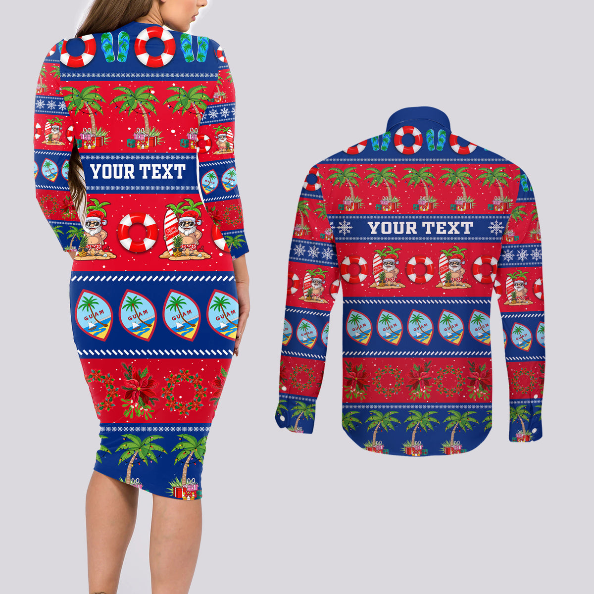 Personalised Guam Christmas Couples Matching Long Sleeve Bodycon Dress and Long Sleeve Button Shirt Felis Pasgua LT14 - Polynesian Pride