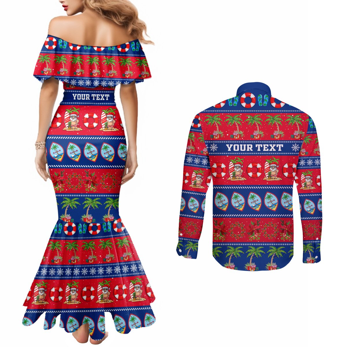 Personalised Guam Christmas Couples Matching Mermaid Dress and Long Sleeve Button Shirt Felis Pasgua LT14 - Polynesian Pride