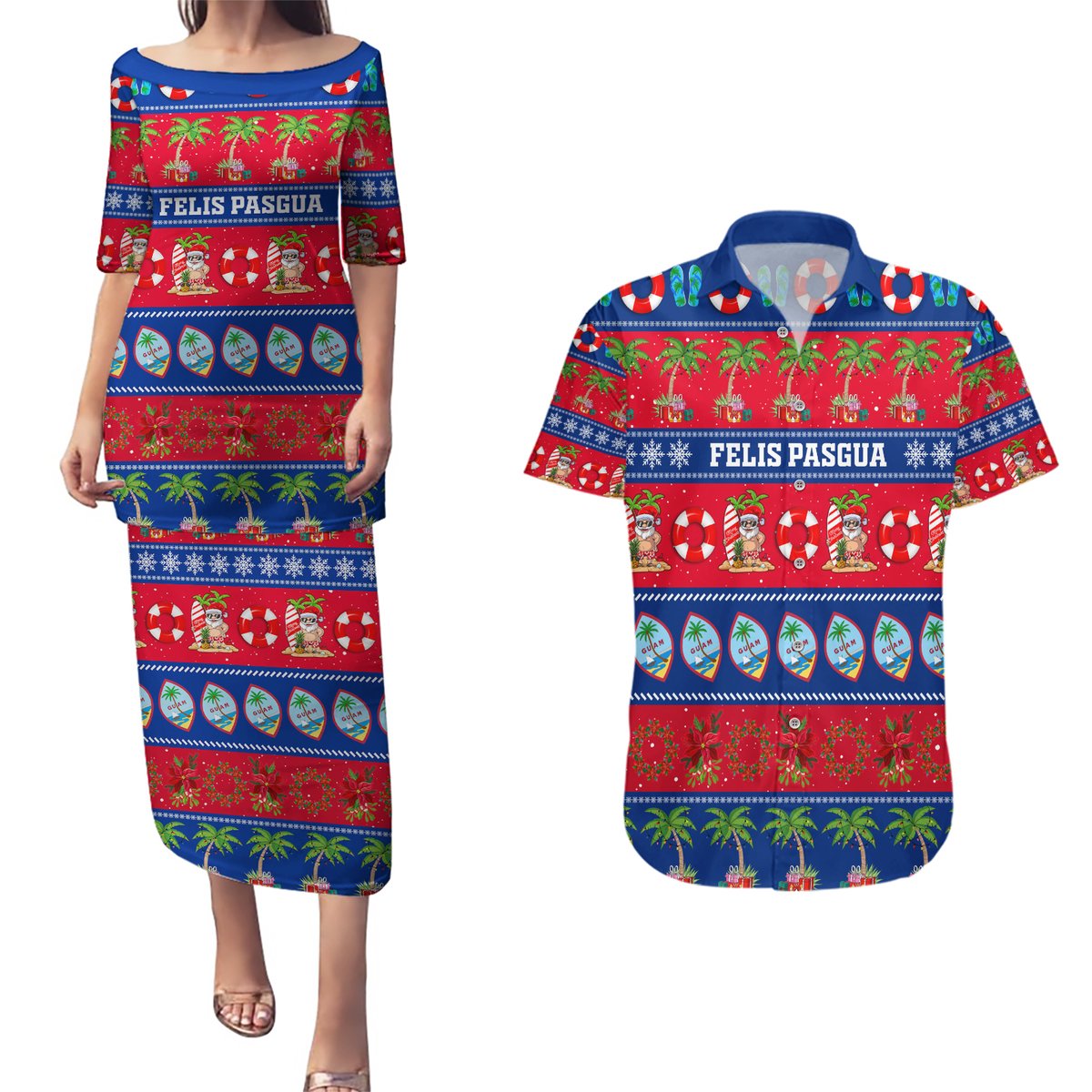 Personalised Guam Christmas Couples Matching Puletasi Dress and Hawaiian Shirt Felis Pasgua LT14 Blue - Polynesian Pride