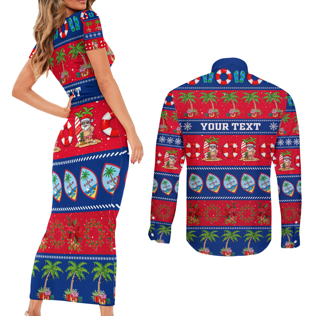 Personalised Guam Christmas Couples Matching Short Sleeve Bodycon Dress and Long Sleeve Button Shirt Felis Pasgua LT14 - Polynesian Pride