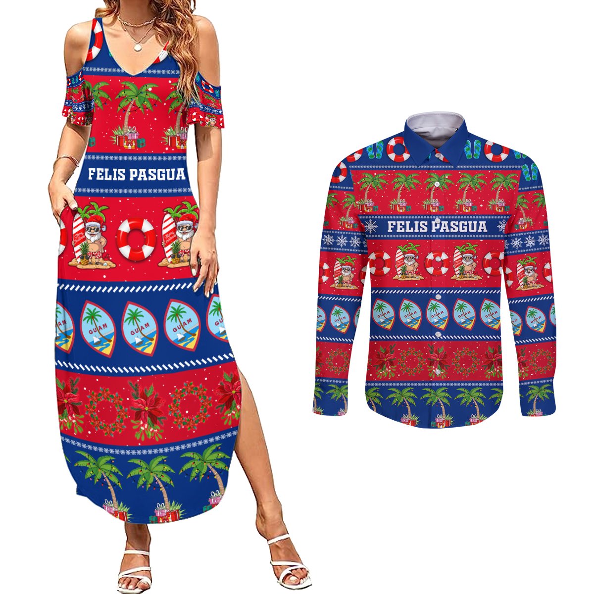 Personalised Guam Christmas Couples Matching Summer Maxi Dress and Long Sleeve Button Shirt Felis Pasgua LT14 Blue - Polynesian Pride