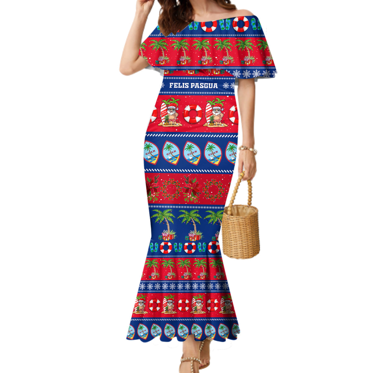 Personalised Guam Christmas Family Matching Mermaid Dress and Hawaiian Shirt Felis Pasgua LT14 Mom's Dress Blue - Polynesian Pride