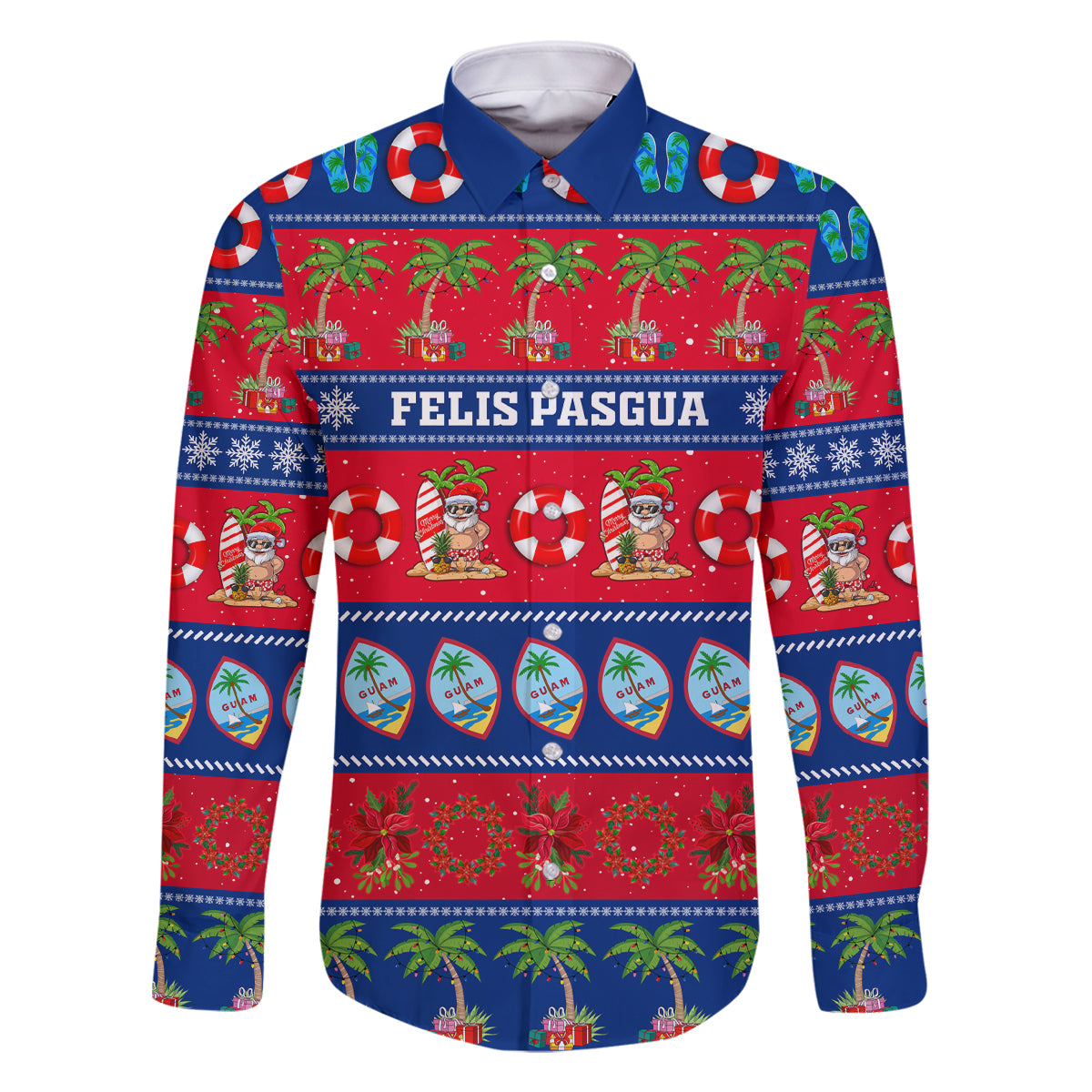 Personalised Guam Christmas Family Matching Off Shoulder Long Sleeve Dress and Hawaiian Shirt Felis Pasgua LT14 Dad's Shirt - Long Sleeve Blue - Polynesian Pride