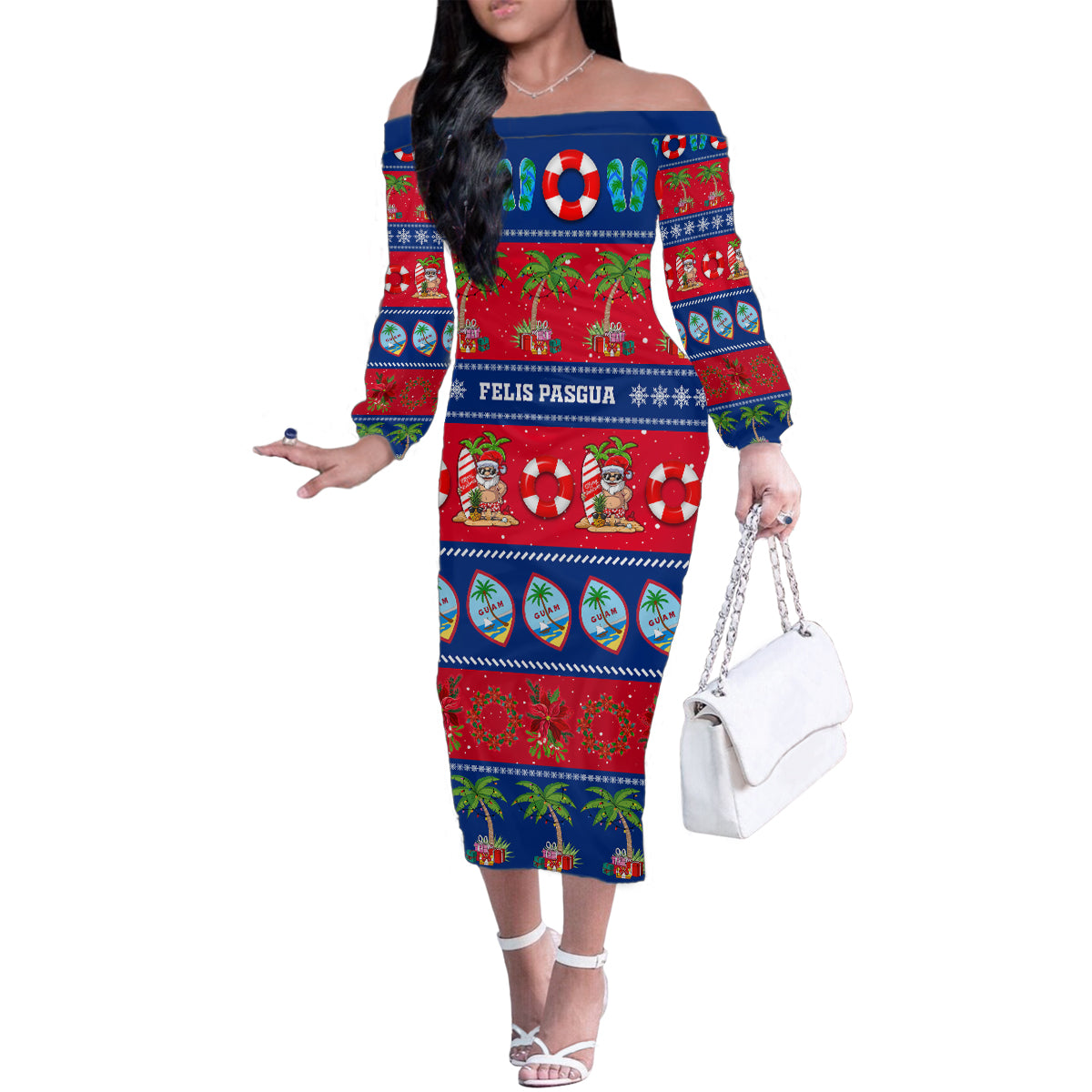 Personalised Guam Christmas Family Matching Off Shoulder Long Sleeve Dress and Hawaiian Shirt Felis Pasgua LT14 Mom's Dress Blue - Polynesian Pride