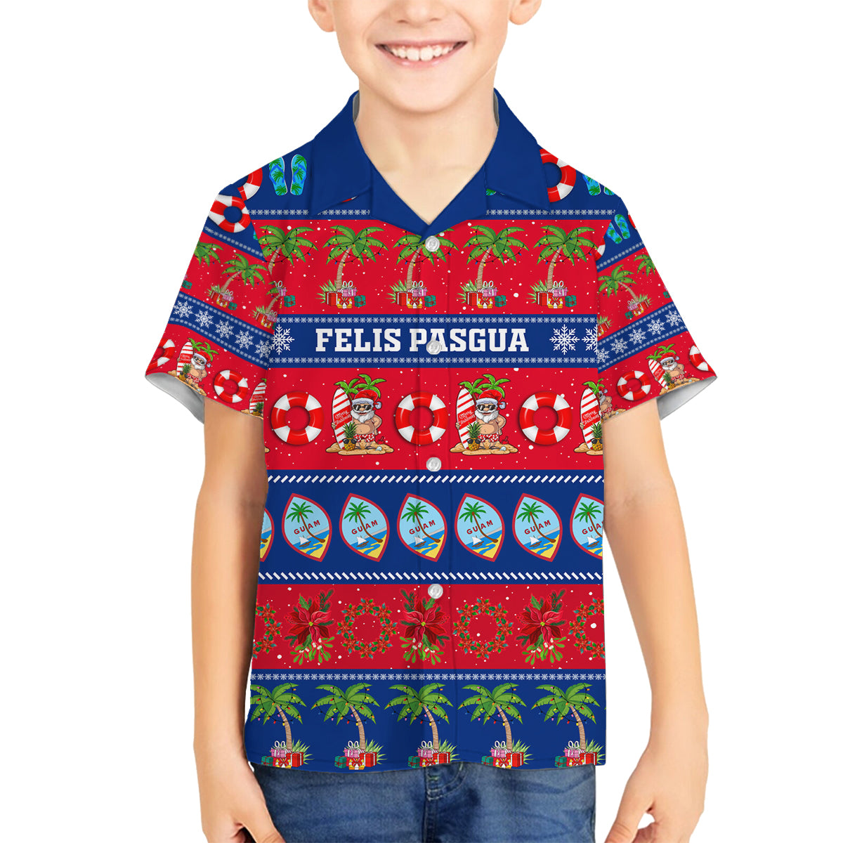 Personalised Guam Christmas Family Matching Off Shoulder Short Dress and Hawaiian Shirt Felis Pasgua LT14 Son's Shirt Blue - Polynesian Pride