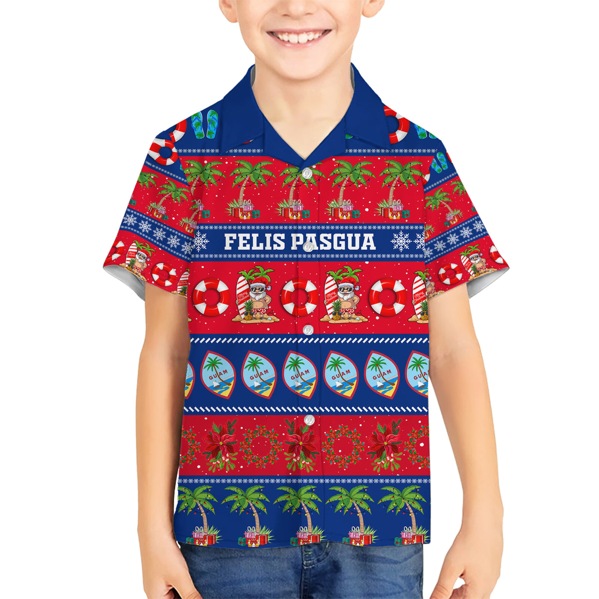 Personalised Guam Christmas Family Matching Short Sleeve Bodycon Dress and Hawaiian Shirt Felis Pasgua LT14 Son's Shirt Blue - Polynesian Pride