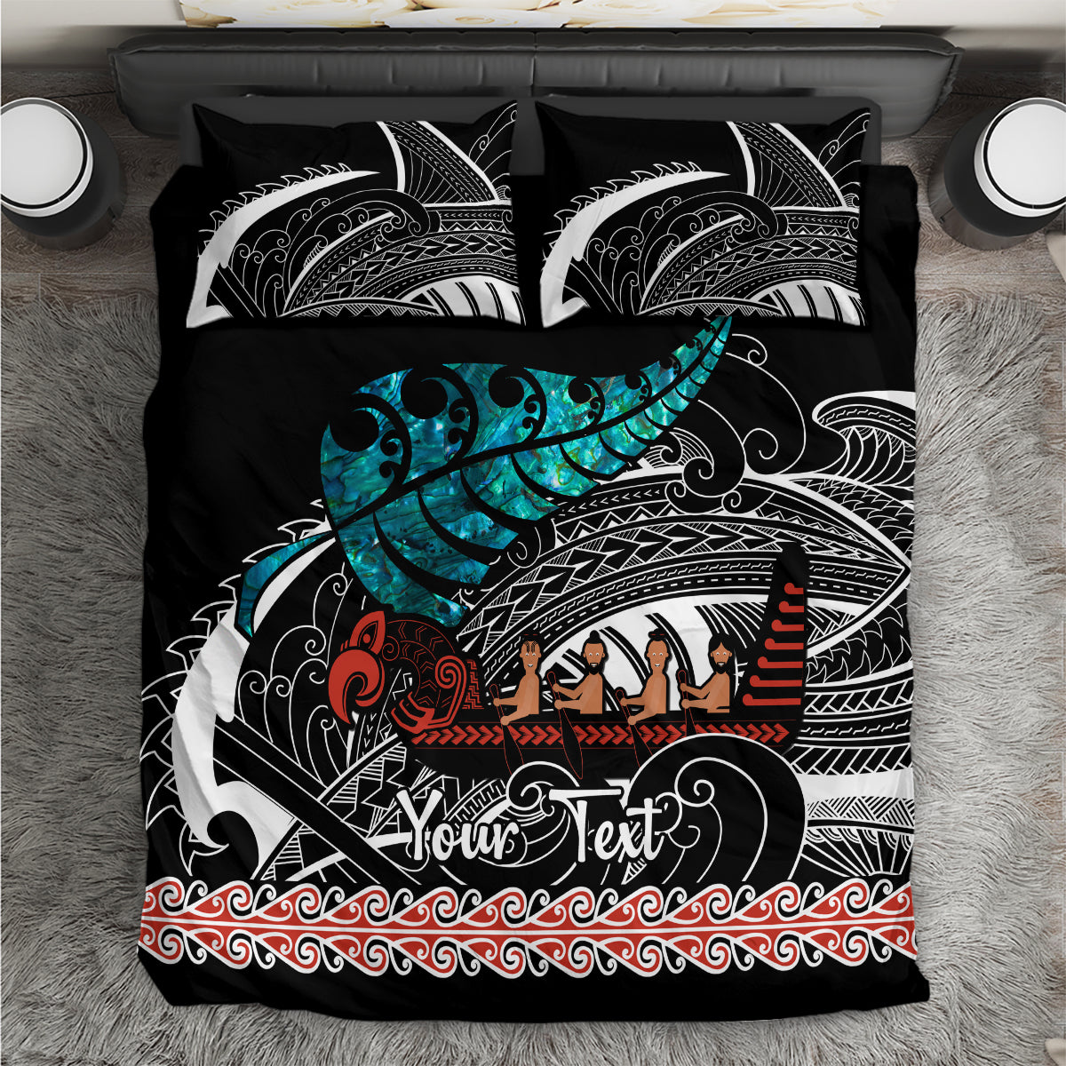 Personalised New Zealand Waka Bedding Set Aotearoa Maori Silver Fern Pattern LT14 Black - Polynesian Pride