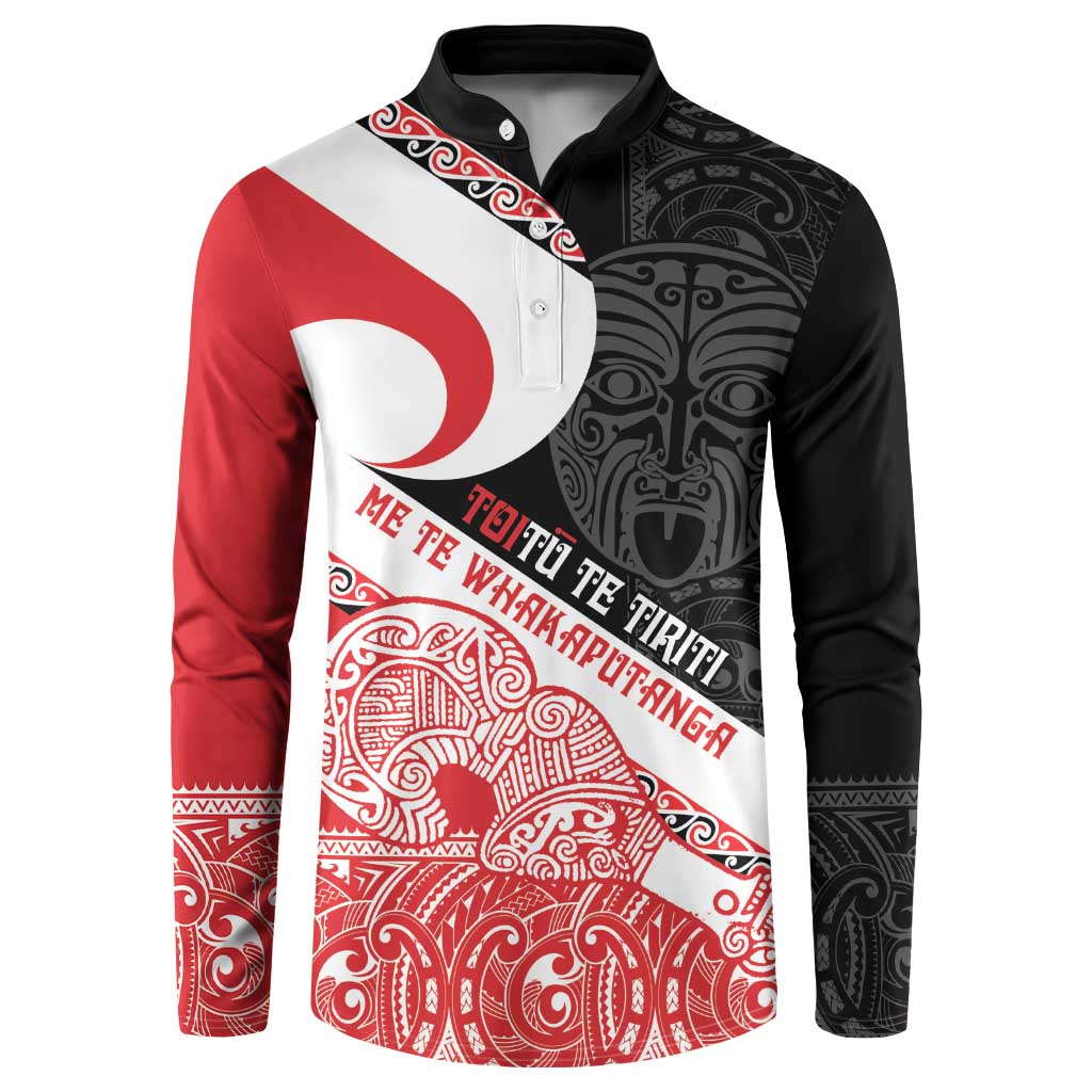 Toitu Te Tiriti Me Te Whakaputanga Button Sweatshirt Maori Wahaika With Haka Face LT14 Red - Polynesian Pride