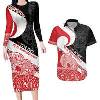 Toitu Te Tiriti Me Te Whakaputanga Couples Matching Long Sleeve Bodycon Dress and Hawaiian Shirt Maori Wahaika With Haka Face LT14 Red - Polynesian Pride