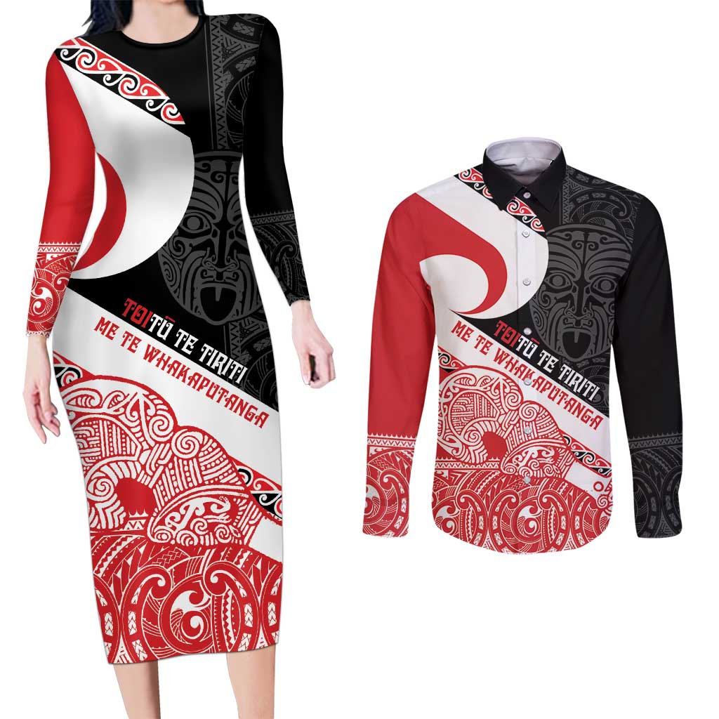 Toitu Te Tiriti Me Te Whakaputanga Couples Matching Long Sleeve Bodycon Dress and Long Sleeve Button Shirt Maori Wahaika With Haka Face LT14 Red - Polynesian Pride