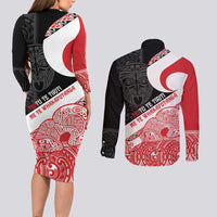 Toitu Te Tiriti Me Te Whakaputanga Couples Matching Long Sleeve Bodycon Dress and Long Sleeve Button Shirt Maori Wahaika With Haka Face LT14 - Polynesian Pride