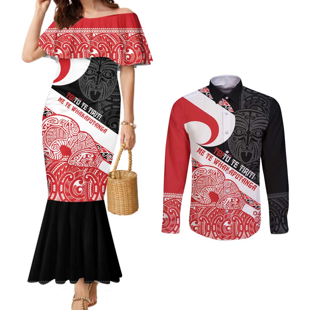 Toitu Te Tiriti Me Te Whakaputanga Couples Matching Mermaid Dress and Long Sleeve Button Shirt Maori Wahaika With Haka Face LT14 Red - Polynesian Pride