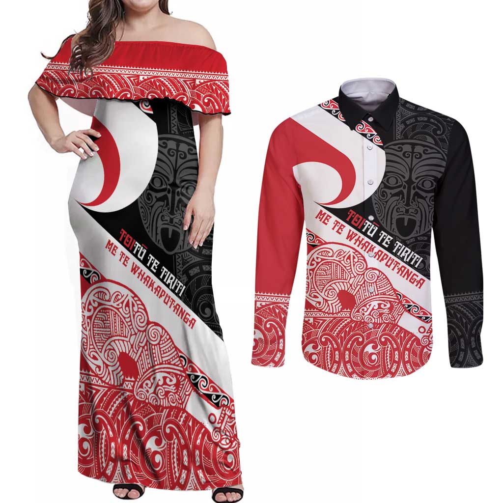 Toitu Te Tiriti Me Te Whakaputanga Couples Matching Off Shoulder Maxi Dress and Long Sleeve Button Shirt Maori Wahaika With Haka Face LT14 Red - Polynesian Pride