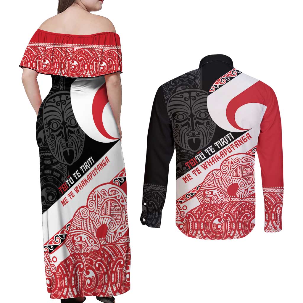 Toitu Te Tiriti Me Te Whakaputanga Couples Matching Off Shoulder Maxi Dress and Long Sleeve Button Shirt Maori Wahaika With Haka Face LT14 - Polynesian Pride