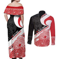 Toitu Te Tiriti Me Te Whakaputanga Couples Matching Off Shoulder Maxi Dress and Long Sleeve Button Shirt Maori Wahaika With Haka Face LT14 - Polynesian Pride