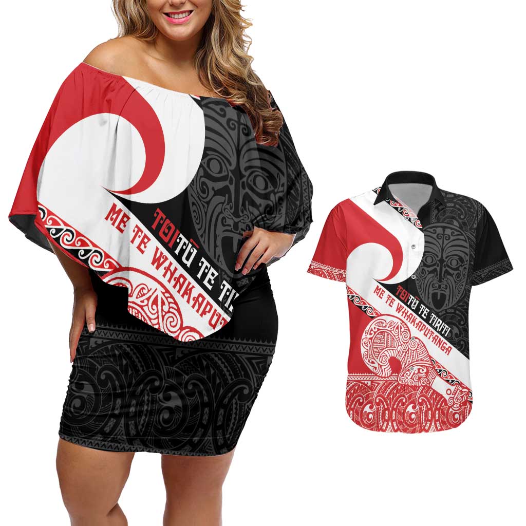 Toitu Te Tiriti Me Te Whakaputanga Couples Matching Off Shoulder Short Dress and Hawaiian Shirt Maori Wahaika With Haka Face LT14 Red - Polynesian Pride