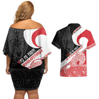 Toitu Te Tiriti Me Te Whakaputanga Couples Matching Off Shoulder Short Dress and Hawaiian Shirt Maori Wahaika With Haka Face LT14 - Polynesian Pride