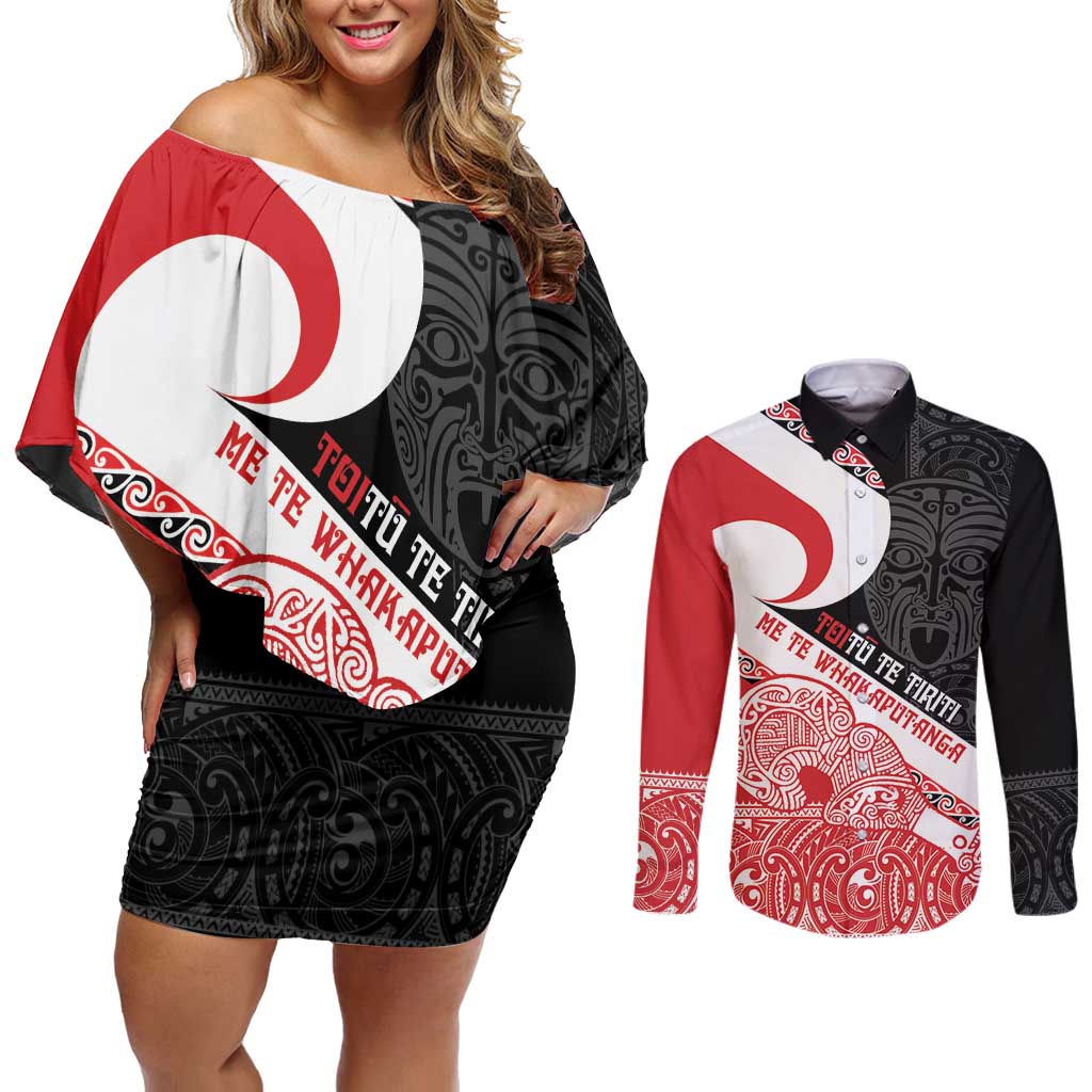 Toitu Te Tiriti Me Te Whakaputanga Couples Matching Off Shoulder Short Dress and Long Sleeve Button Shirt Maori Wahaika With Haka Face LT14 Red - Polynesian Pride