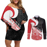 Toitu Te Tiriti Me Te Whakaputanga Couples Matching Off Shoulder Short Dress and Long Sleeve Button Shirt Maori Wahaika With Haka Face LT14 Red - Polynesian Pride