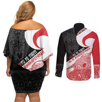 Toitu Te Tiriti Me Te Whakaputanga Couples Matching Off Shoulder Short Dress and Long Sleeve Button Shirt Maori Wahaika With Haka Face LT14 - Polynesian Pride