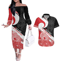 Toitu Te Tiriti Me Te Whakaputanga Couples Matching Off The Shoulder Long Sleeve Dress and Hawaiian Shirt Maori Wahaika With Haka Face LT14 Red - Polynesian Pride