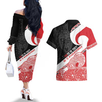 Toitu Te Tiriti Me Te Whakaputanga Couples Matching Off The Shoulder Long Sleeve Dress and Hawaiian Shirt Maori Wahaika With Haka Face LT14 - Polynesian Pride