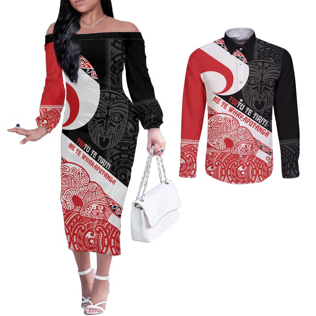 Toitu Te Tiriti Me Te Whakaputanga Couples Matching Off The Shoulder Long Sleeve Dress and Long Sleeve Button Shirt Maori Wahaika With Haka Face LT14 Red - Polynesian Pride
