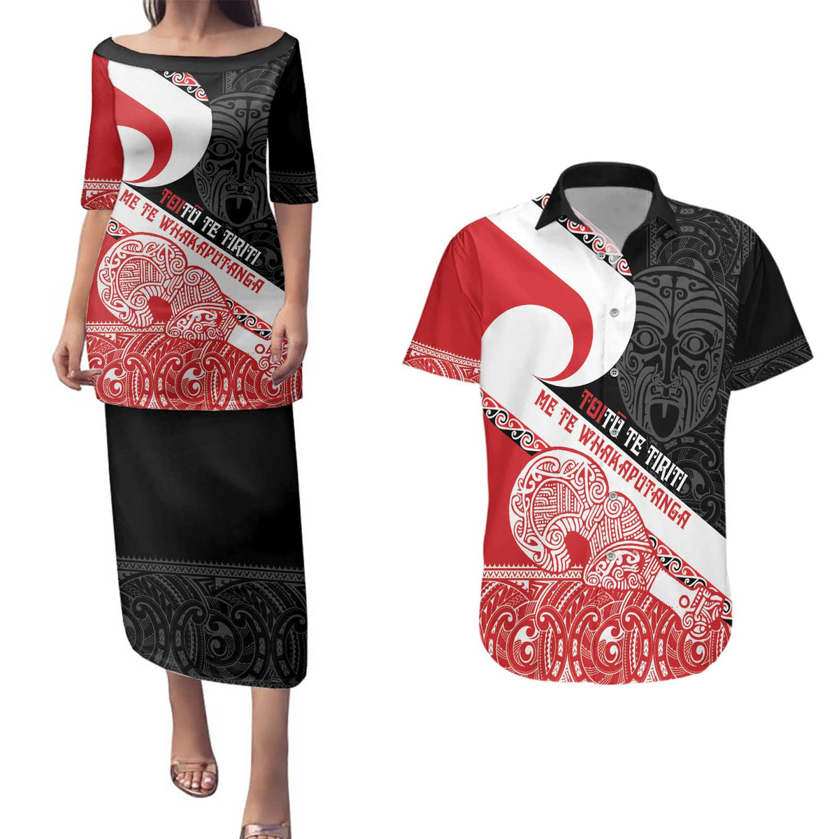Toitu Te Tiriti Me Te Whakaputanga Couples Matching Puletasi and Hawaiian Shirt Maori Wahaika With Haka Face LT14 Red - Polynesian Pride